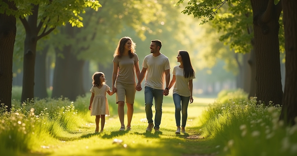 Família fazendo caminhada atenta em um parque verde