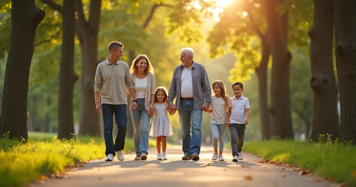 Família caminhando em um parque, lado a lado