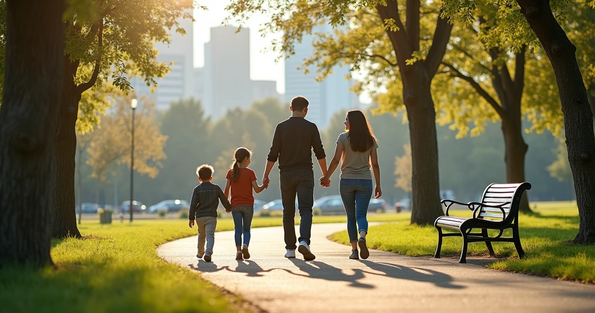 Família caminhando junta em parque urbano com árvores e prédios ao fundo 