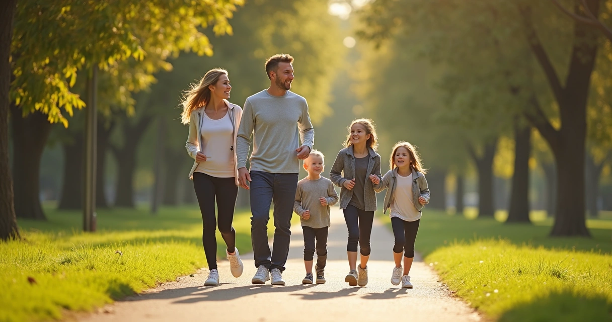 Família caminhando ao ar livre, prevenindo problemas de varizes 
