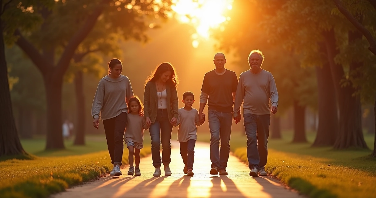 Família caminhando junta em parque ao pôr do sol. 