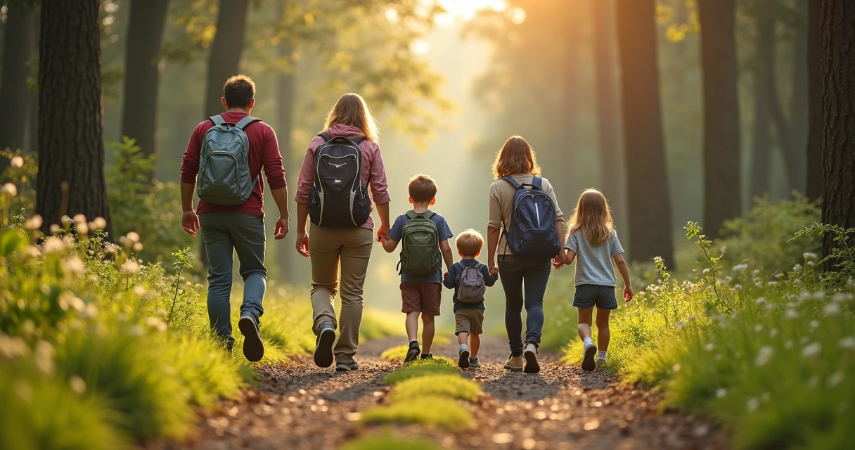 Família caminhando junta em trilha na natureza 