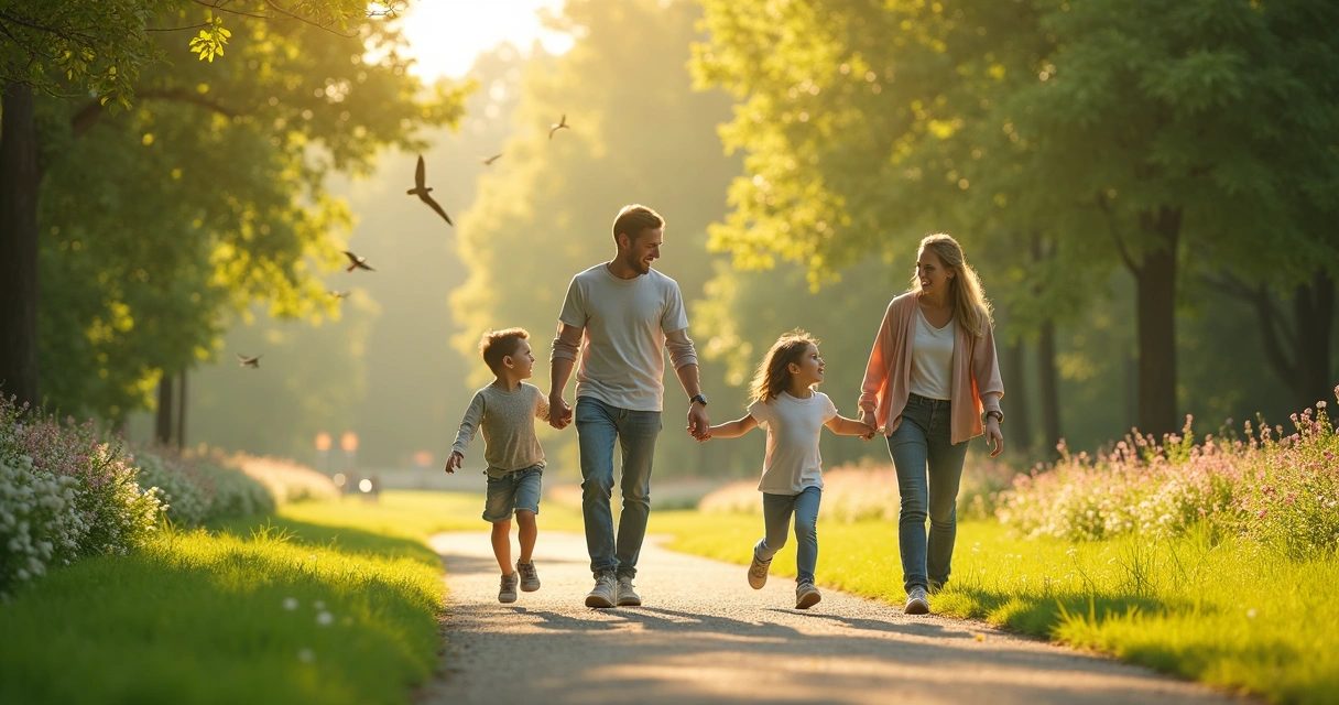 Família caminhando em parque verde, crianças brincando e adultos sorrindo 