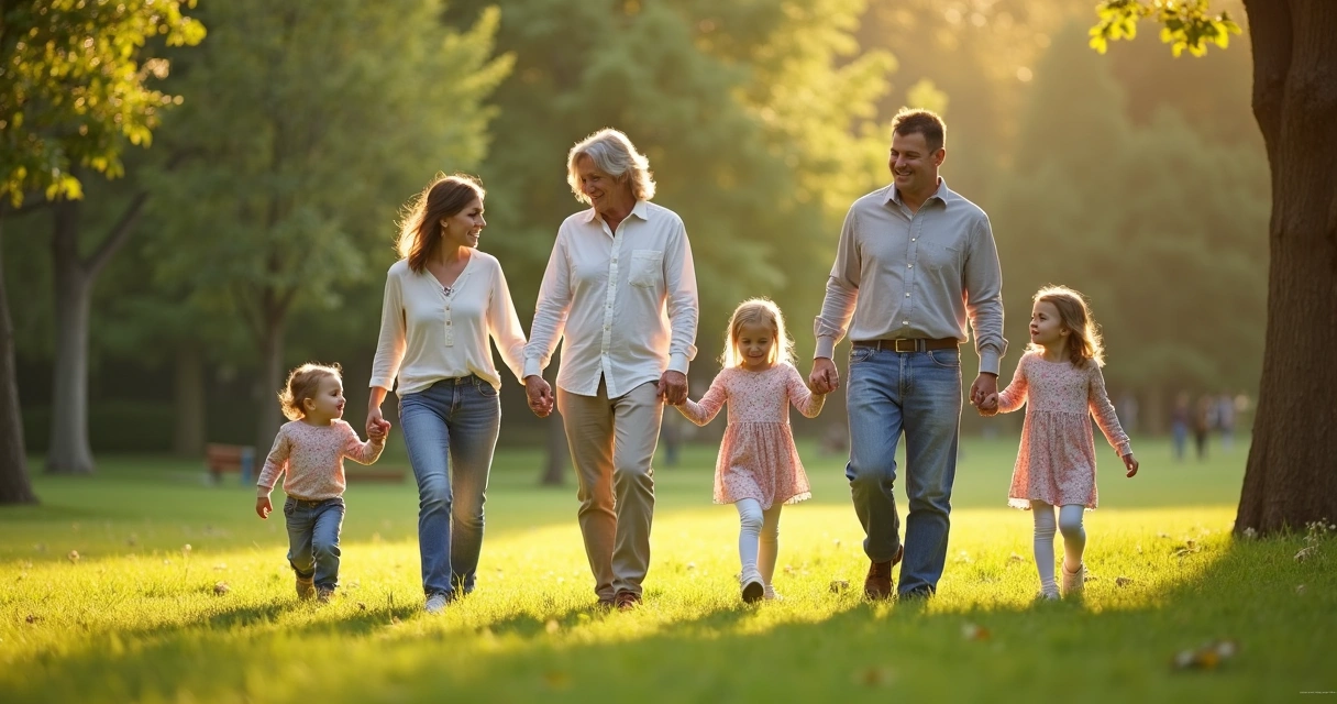 Família caminhando junta em parque arborizado 