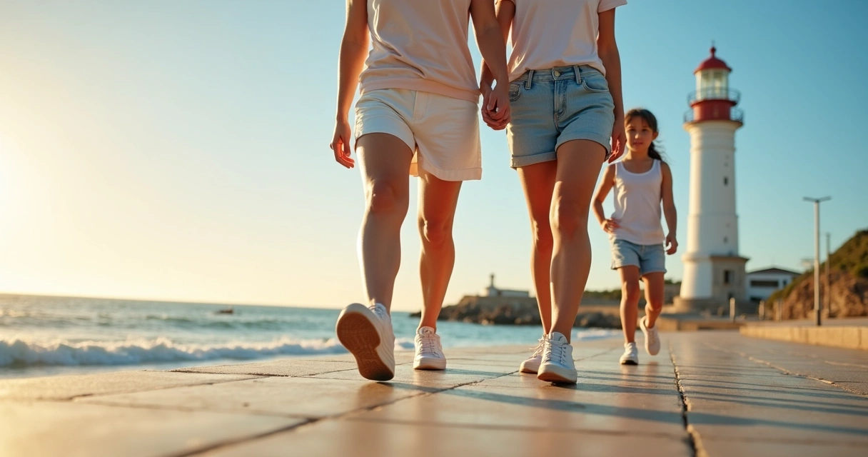 Família caminhando na orla de Salvador com foco discreto em pernas com tendências a varizes 