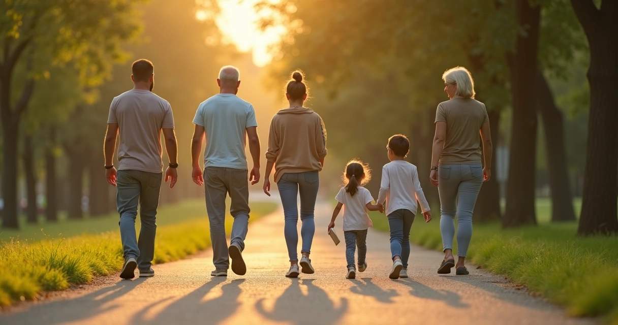 Família caminhando em parque ao entardecer conversando com calma 