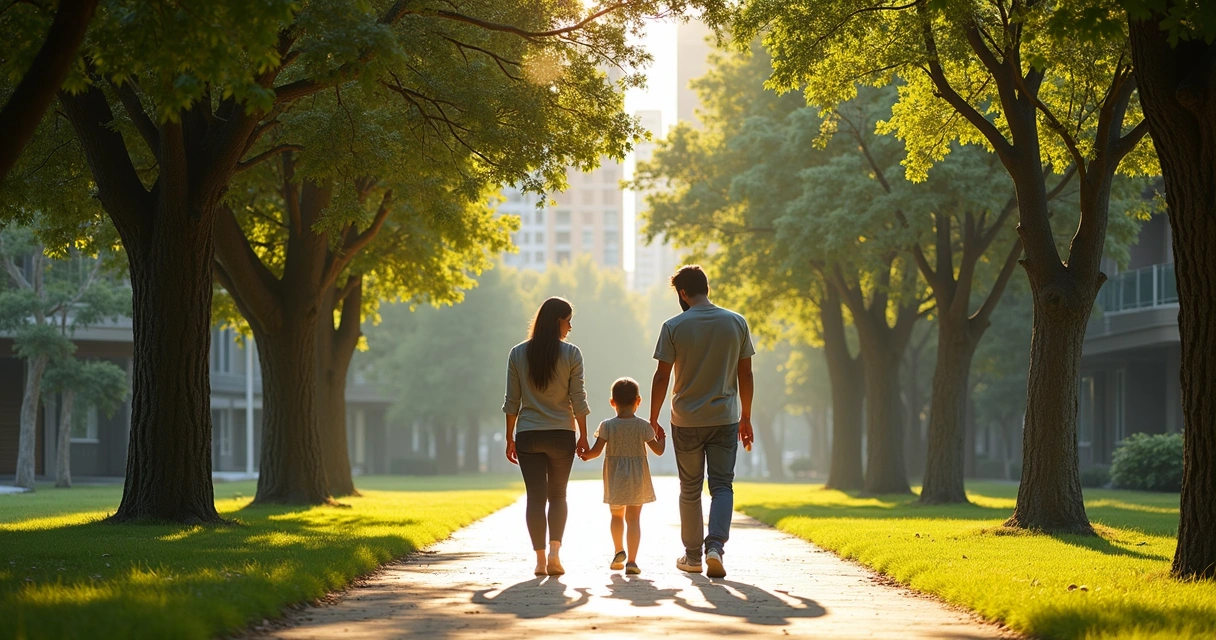 Família caminhando em calçada arborizada, Parque Prado, Campinas 