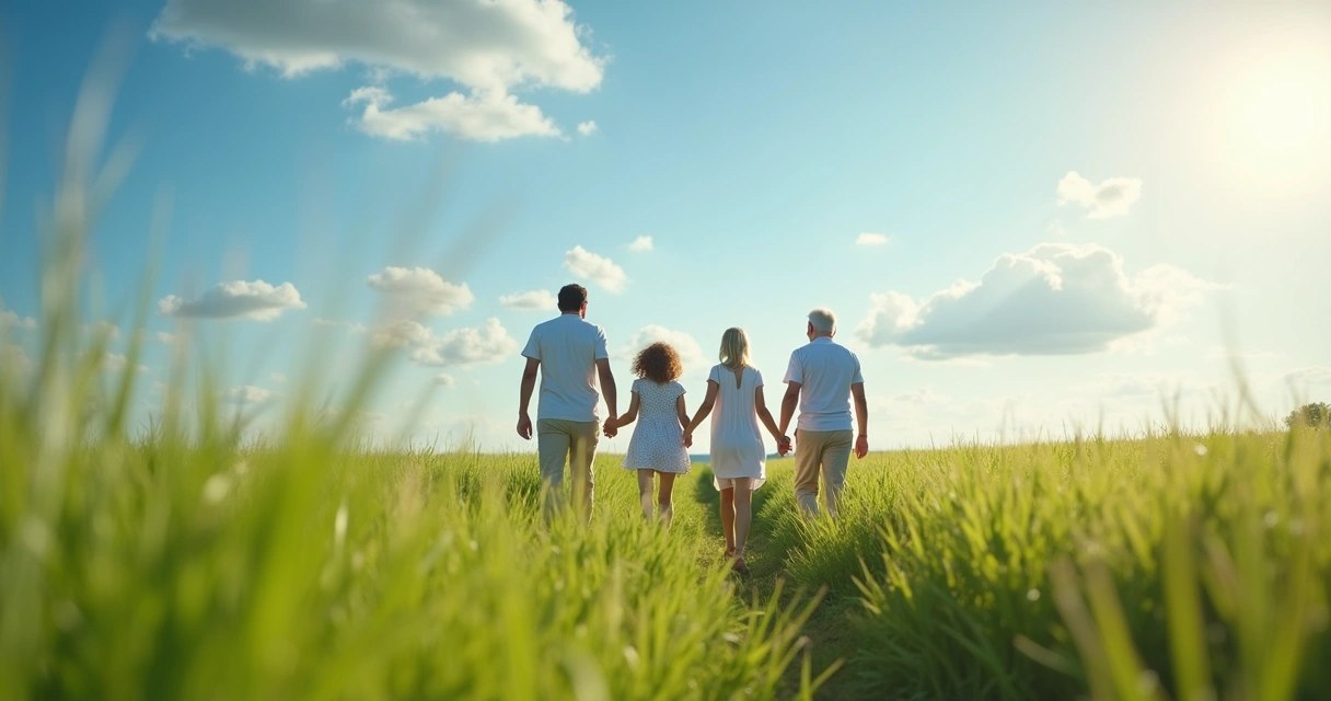 Família caminhando por um campo verde, vista de costas, com árvores e céu azul ao fundo. 