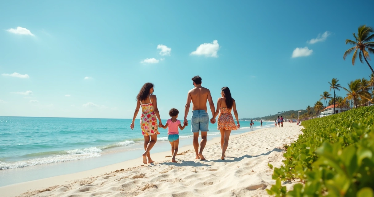Família caminhando à beira-mar em Jurerê Internacional