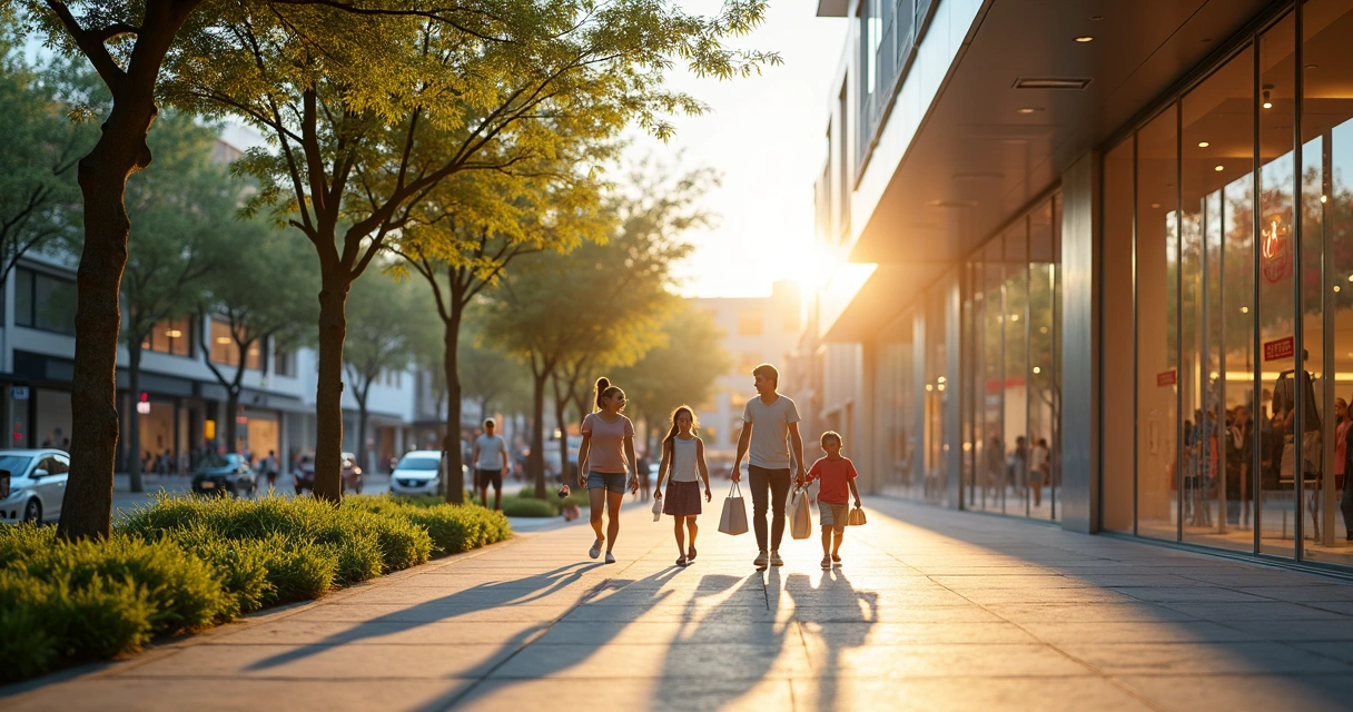 Família caminhando na calçada próxima a shopping em área arborizada de Campinas. 