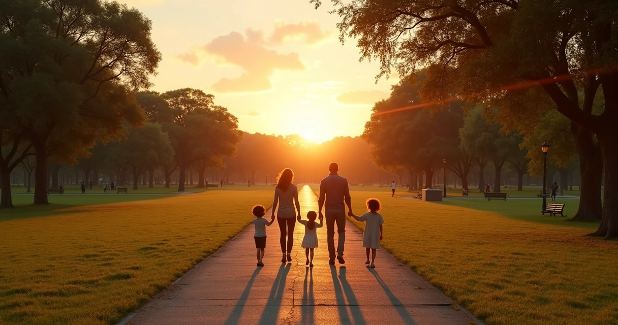 Família caminhando ao pôr do sol se aproximando em bifurcação com luz suave 