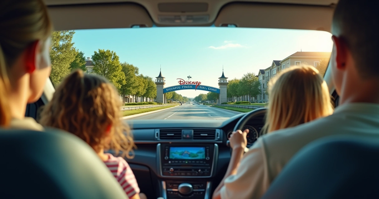 Família em um carro a caminho da Disney em Orlando, pela manhã 
