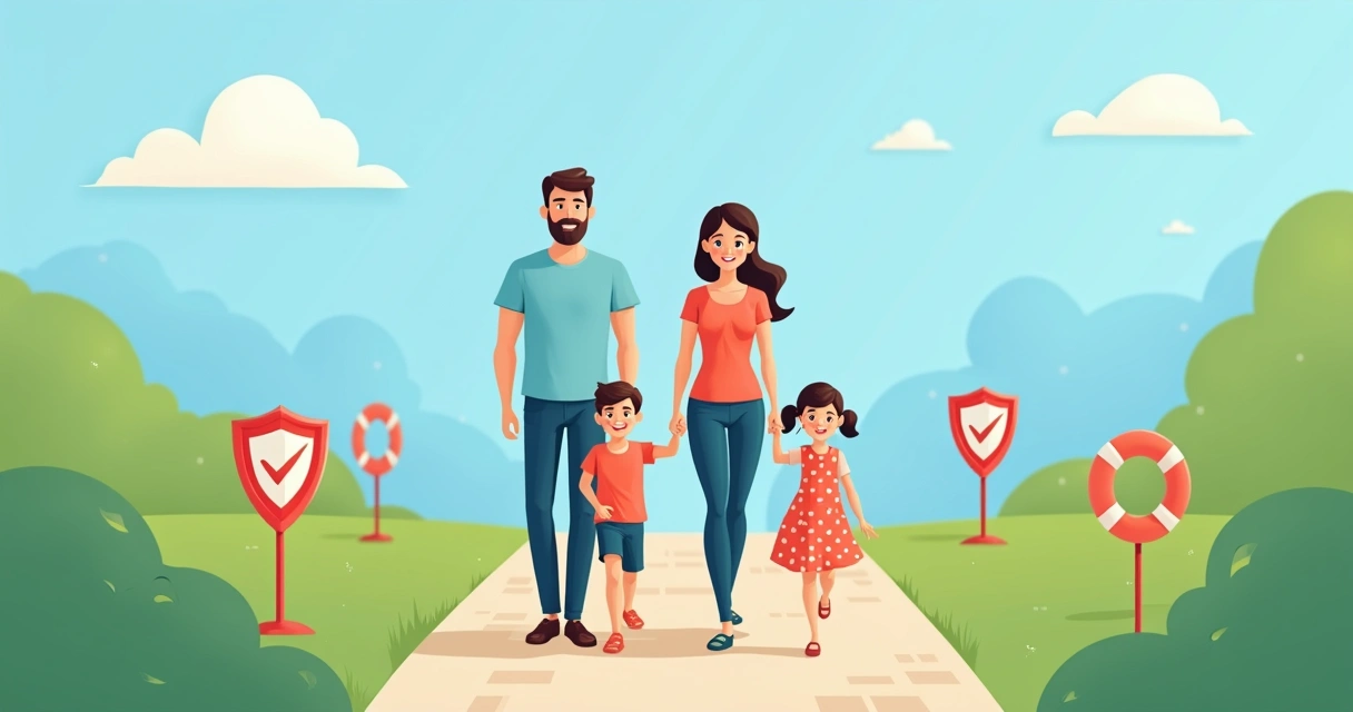 Família caminhando confiante por uma trilha segura 