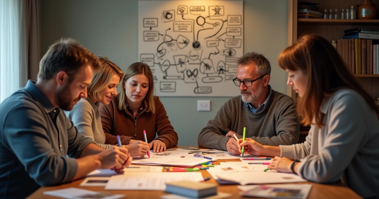 Pessoas de várias gerações em volta de uma mesa analisando mapas e documentos familiares 