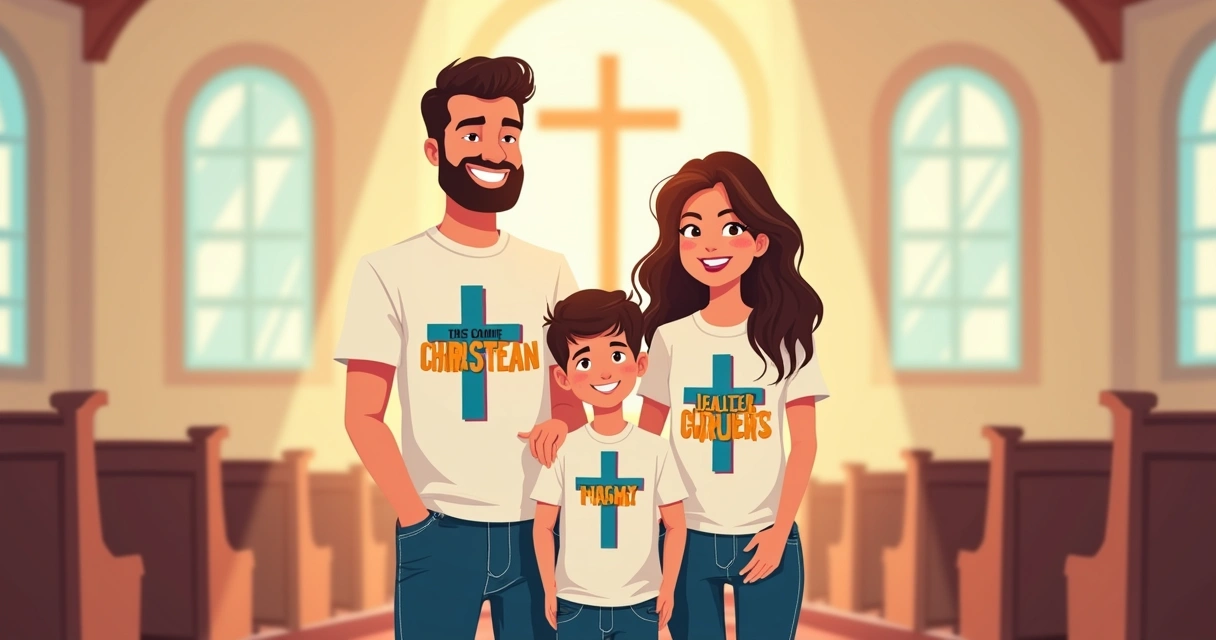 Família usando camisetas personalizadas para igreja, todos sorrindo na igreja