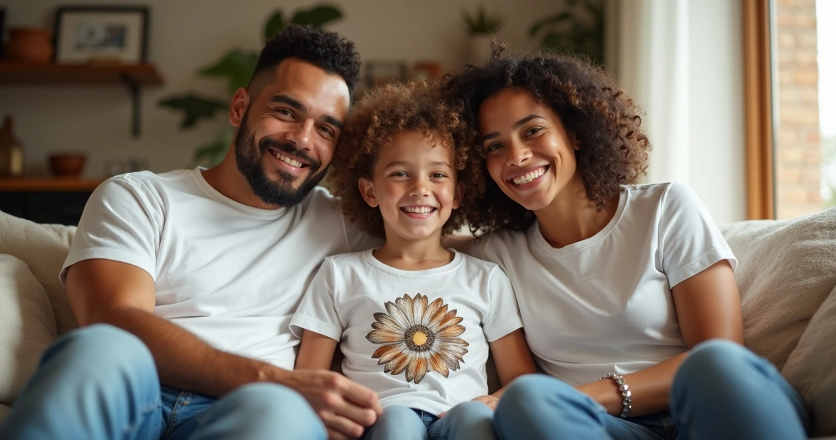 Família sorridente usando camisetas personalizadas em casa