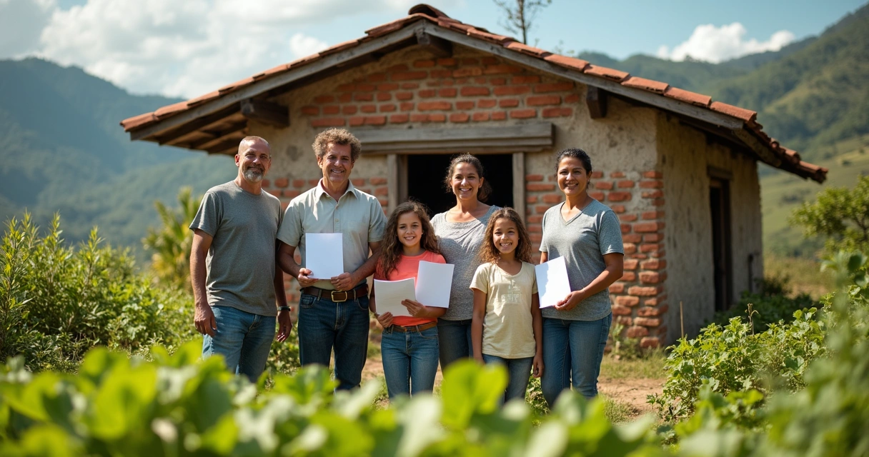 Família rural segurando documentos da casa 
