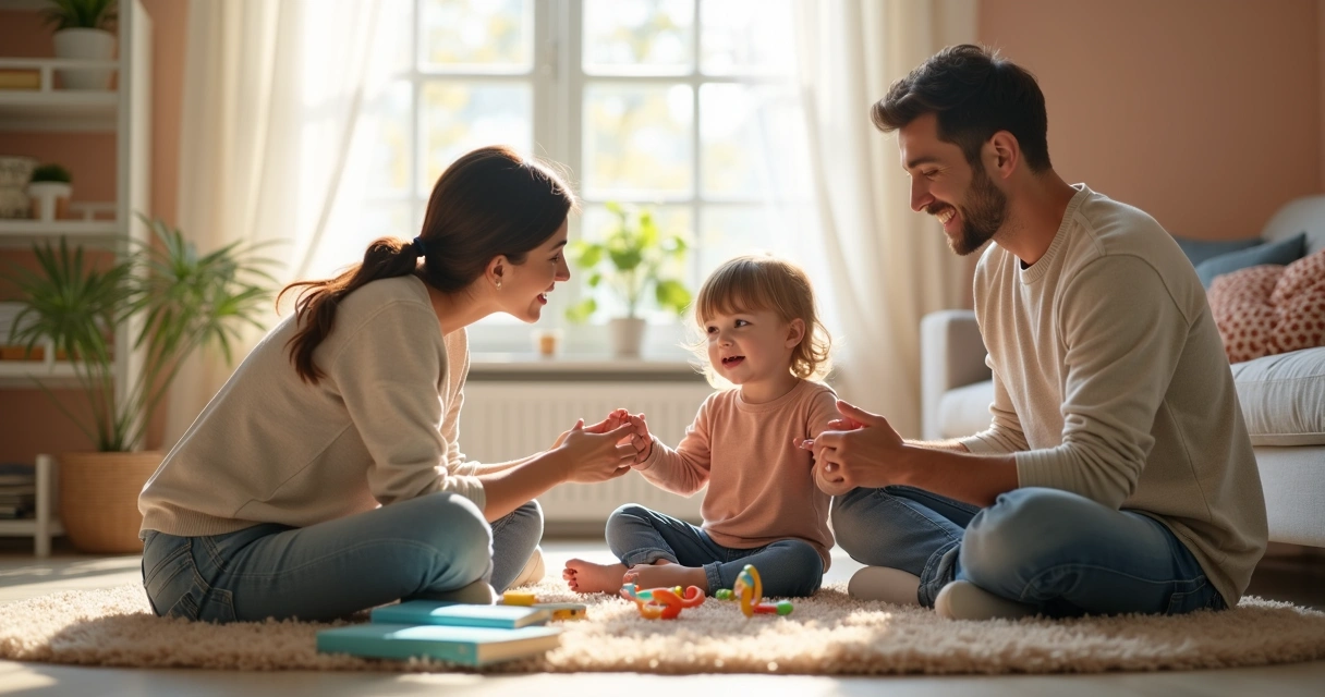 Pai, mãe e filho pequeno sentados juntos no tapete, sorrindo e conversando. 