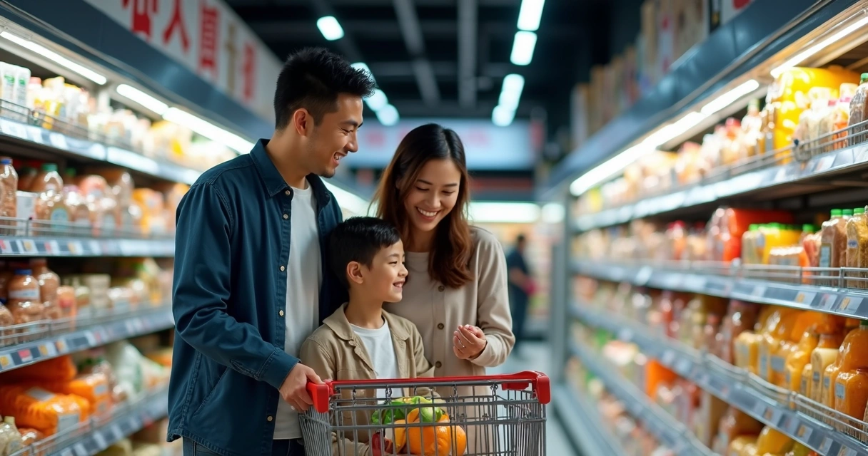 Família escolhendo juntos produtos no supermercado