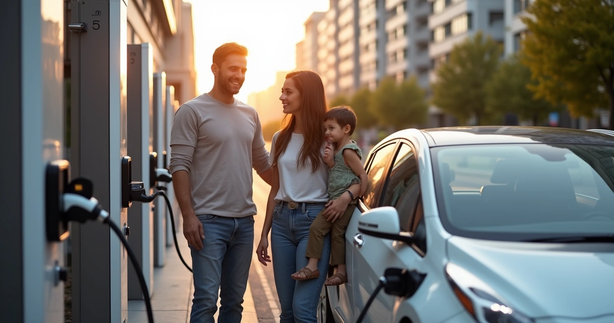 Família carrega carro elétrico em posto de recarga urbano 