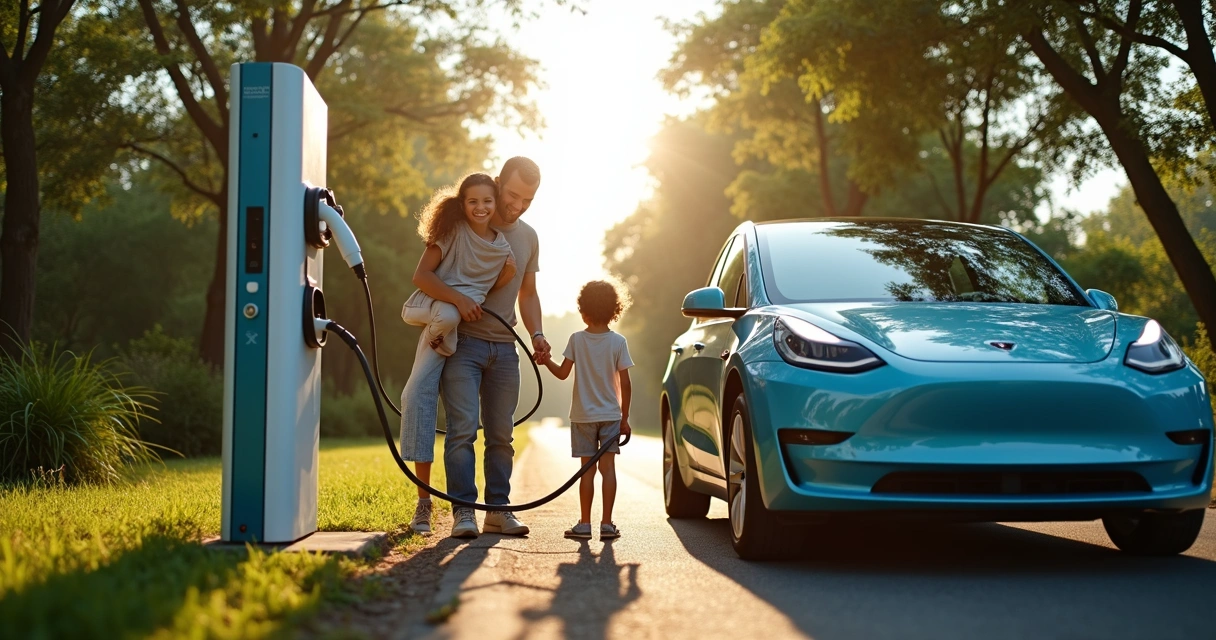 Família brasileira carregando carro elétrico em estrada arborizada 