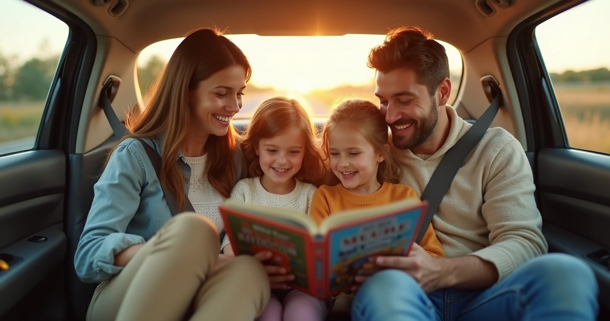 Família em viagem de carro lendo histórias juntos 
