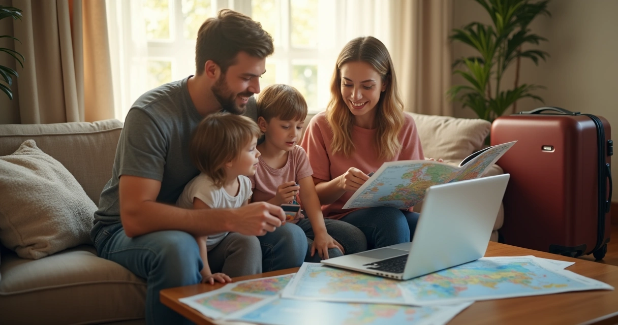Família usa cartão na sala de casa planejando viagem 