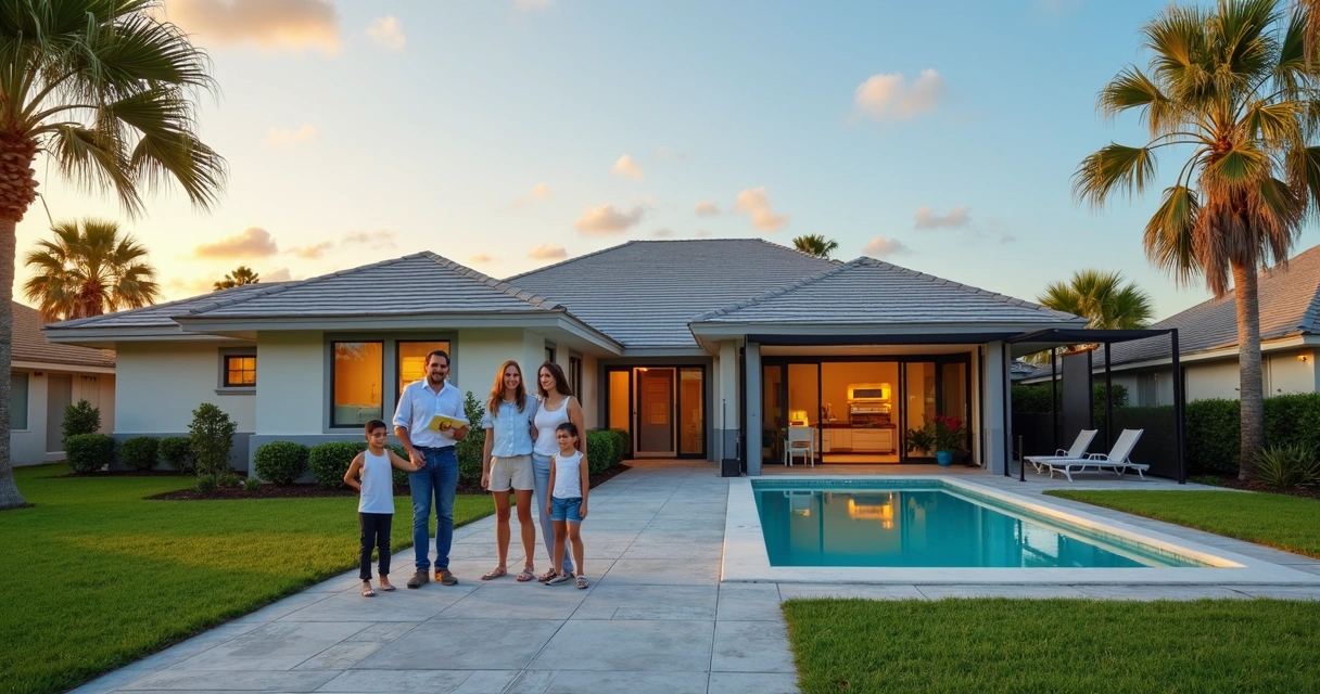 Família brasileira em frente a casa alugada com piscina em Orlando 