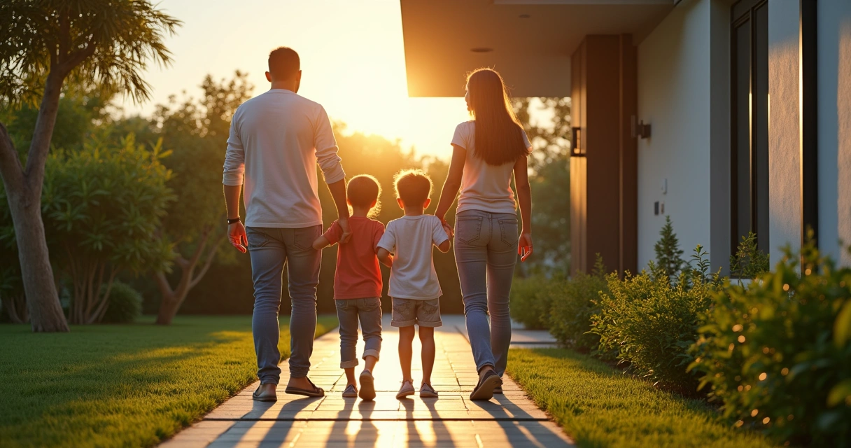 Família observando fachada de casa nova em Campinas, clima de realização 