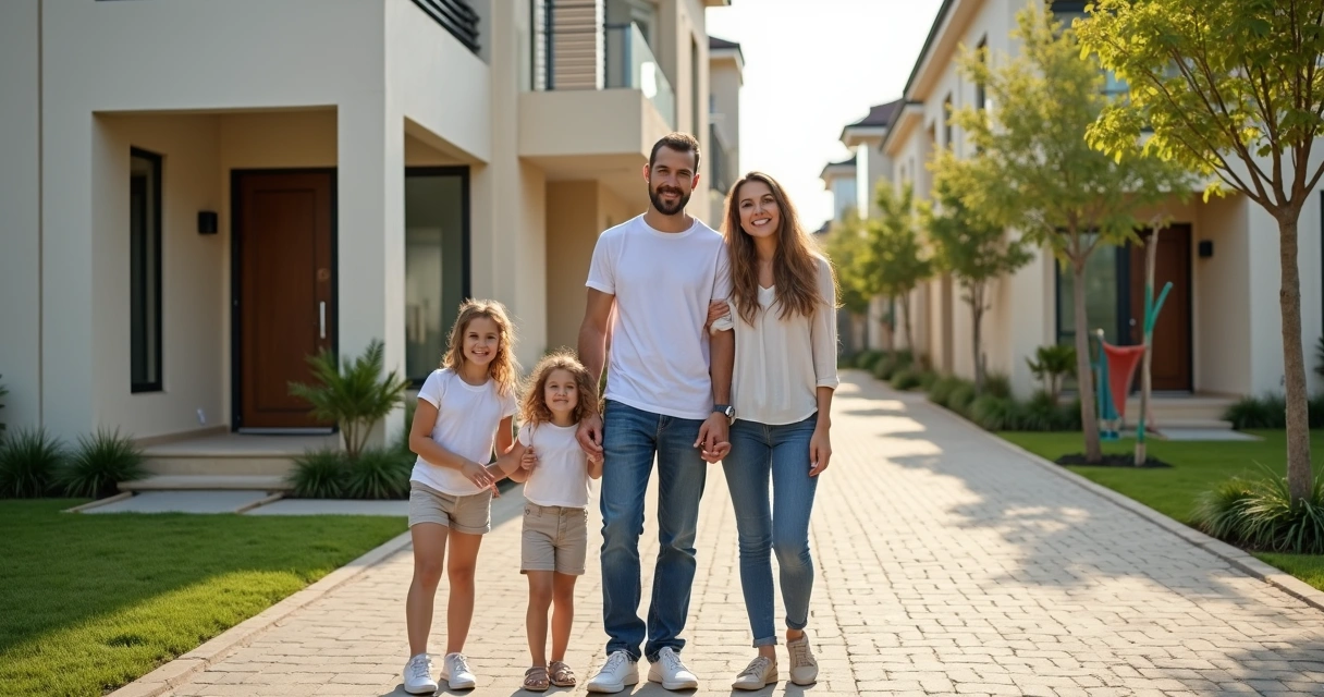 Família sorridente em frente a casa moderna em condomínio fechado 
