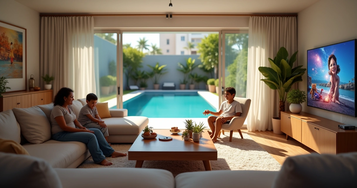 Família relaxando na sala de uma casa confortável