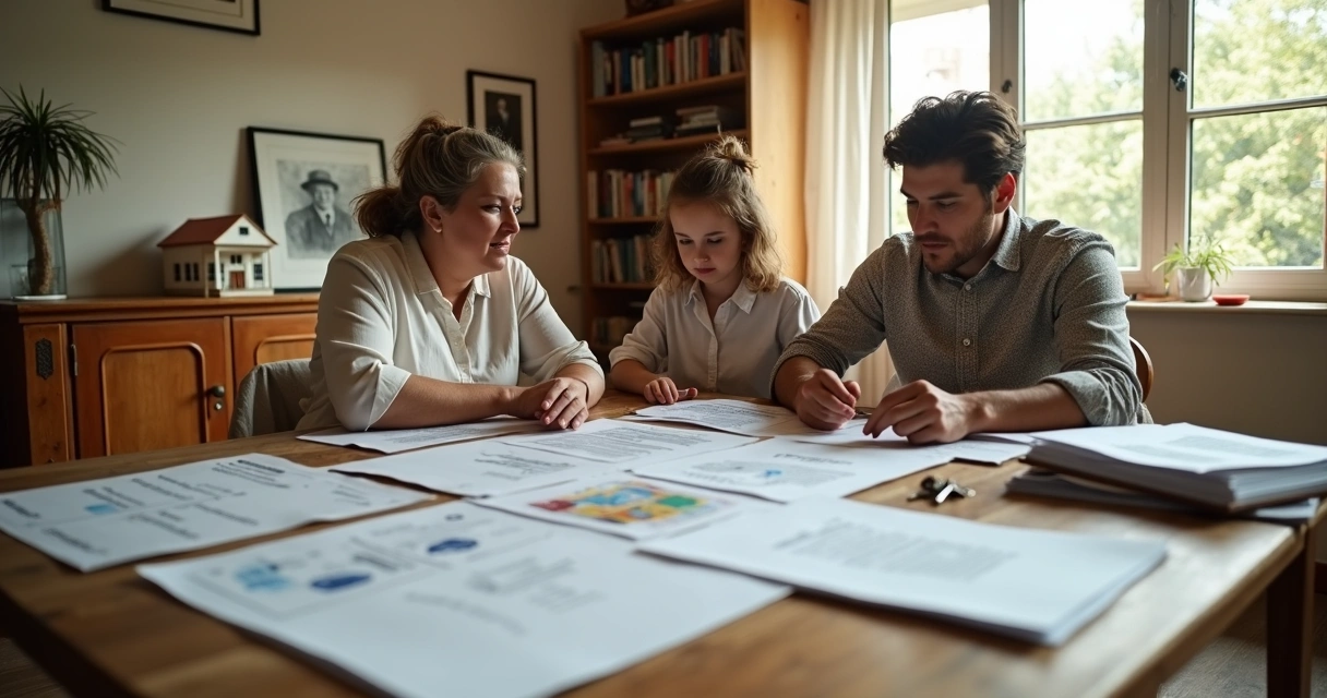 Família em sala de casa antiga organizando documentos de herança sobre mesa de madeira 