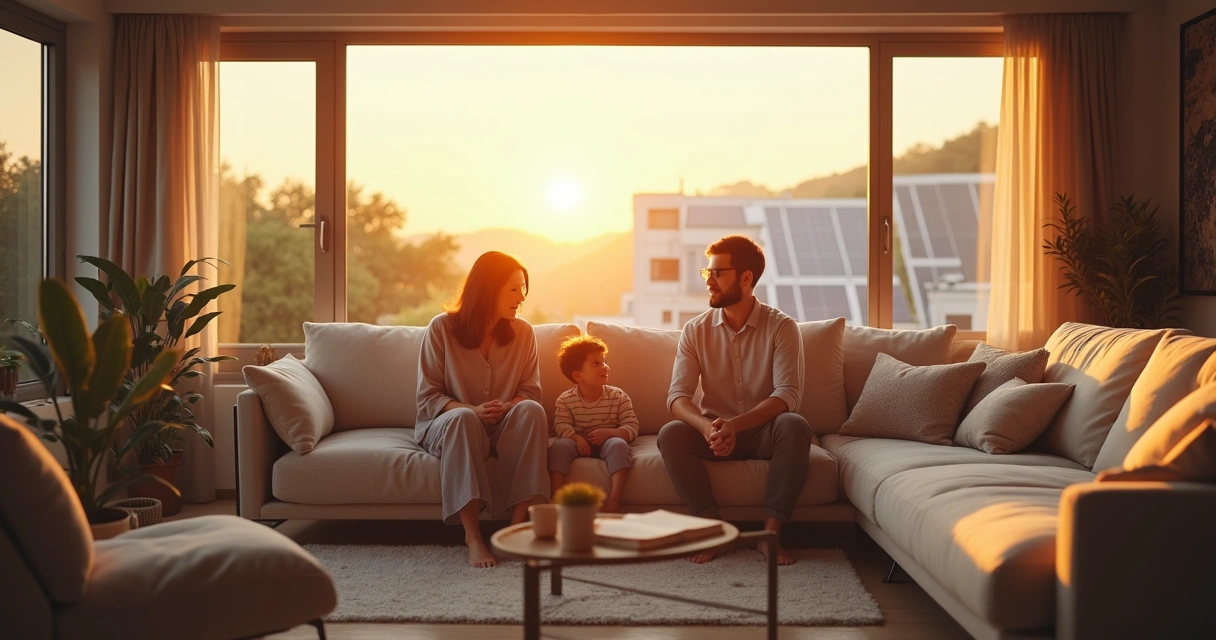 Família reunida em casa iluminada por energia solar 