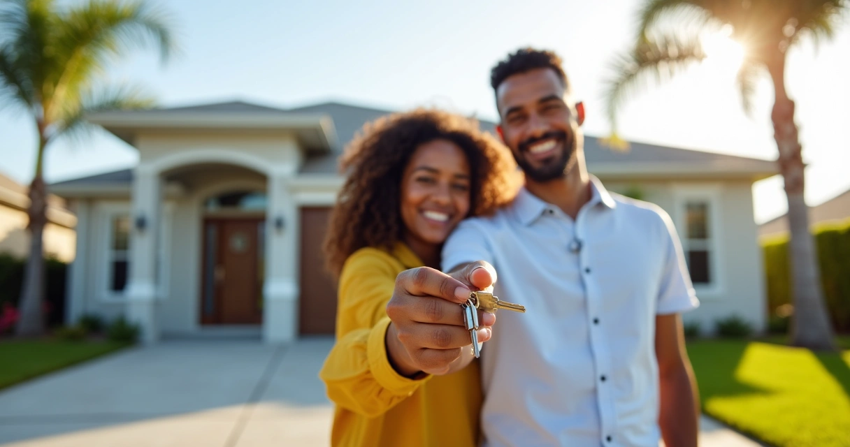 Família feliz em frente a casa típica da Flórida 