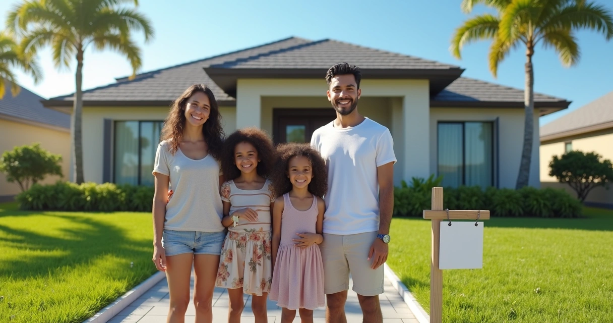 Família brasileira de frente a casa comprada na Flórida