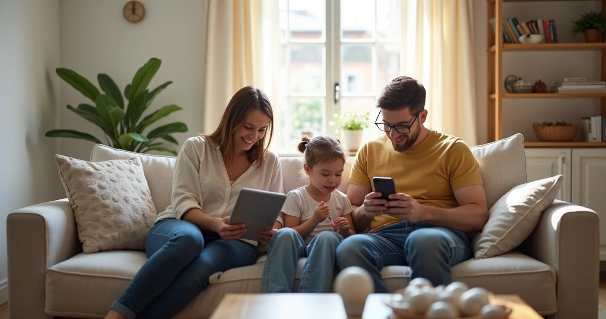 Família controlando dispositivos de automação residencial no sofá 