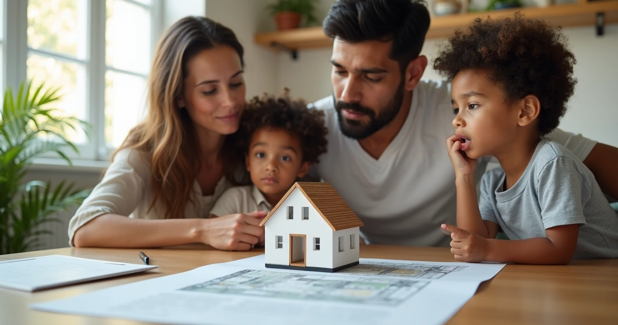 Família olhando maquete de casa na mesa 