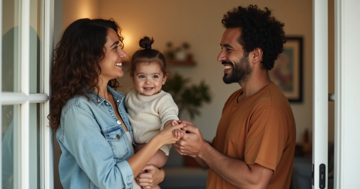 Família sorrindo recebendo chaves de casa nova 
