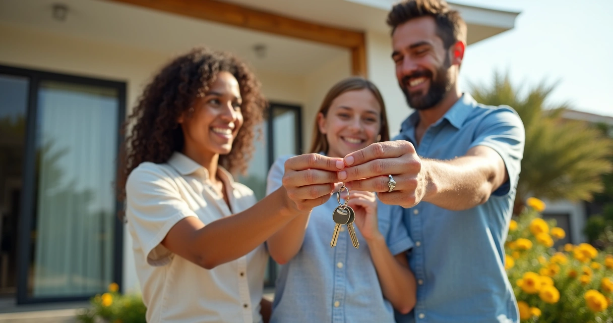 Família em frente à casa recém-construída, sorrindo e segurando chaves. 