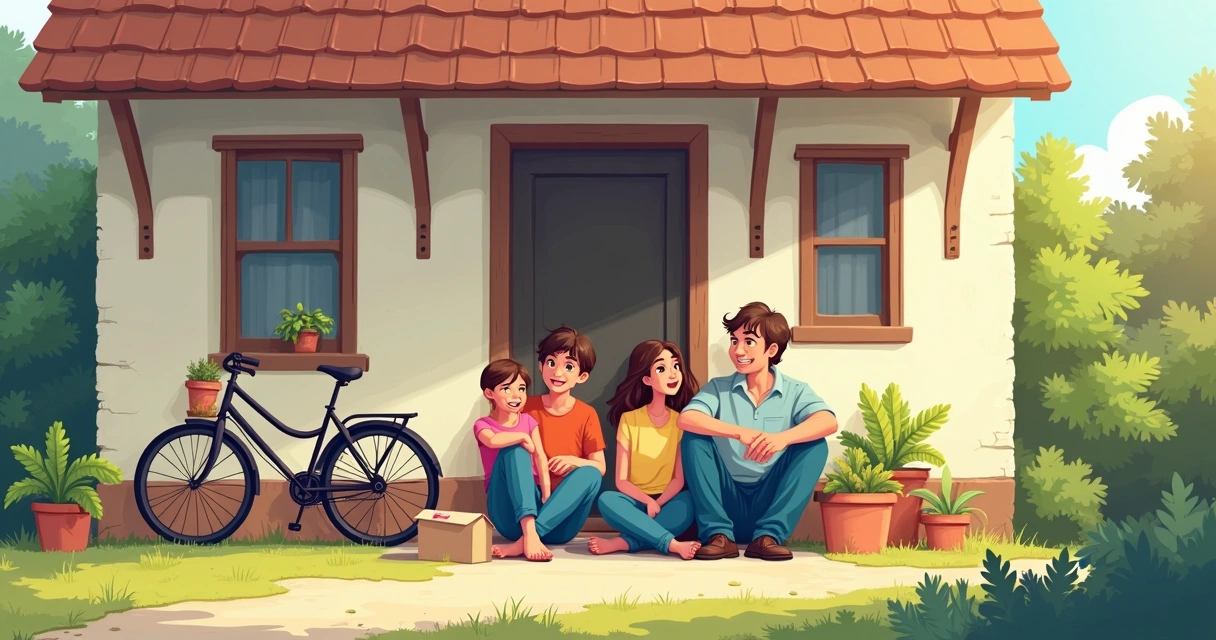 Família sentada em frente a casa simples com aparência antiga, moradores visivelmente confortáveis 