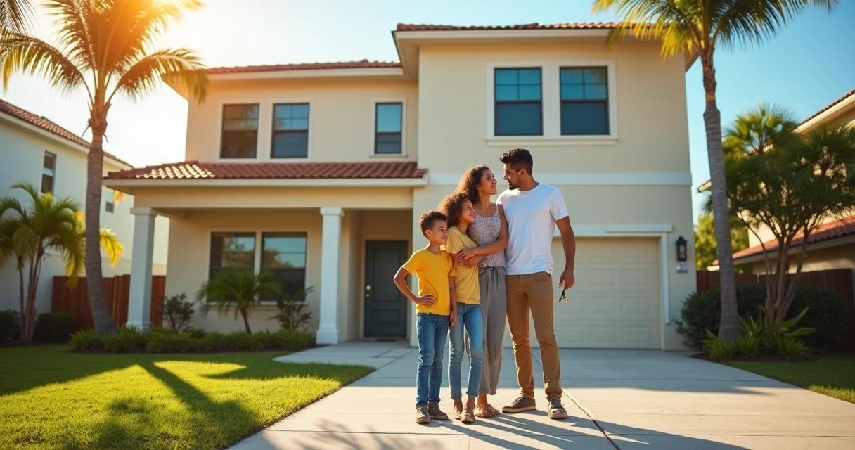 Família brasileira feliz recebendo as chaves em frente a casa nos Estados Unidos 