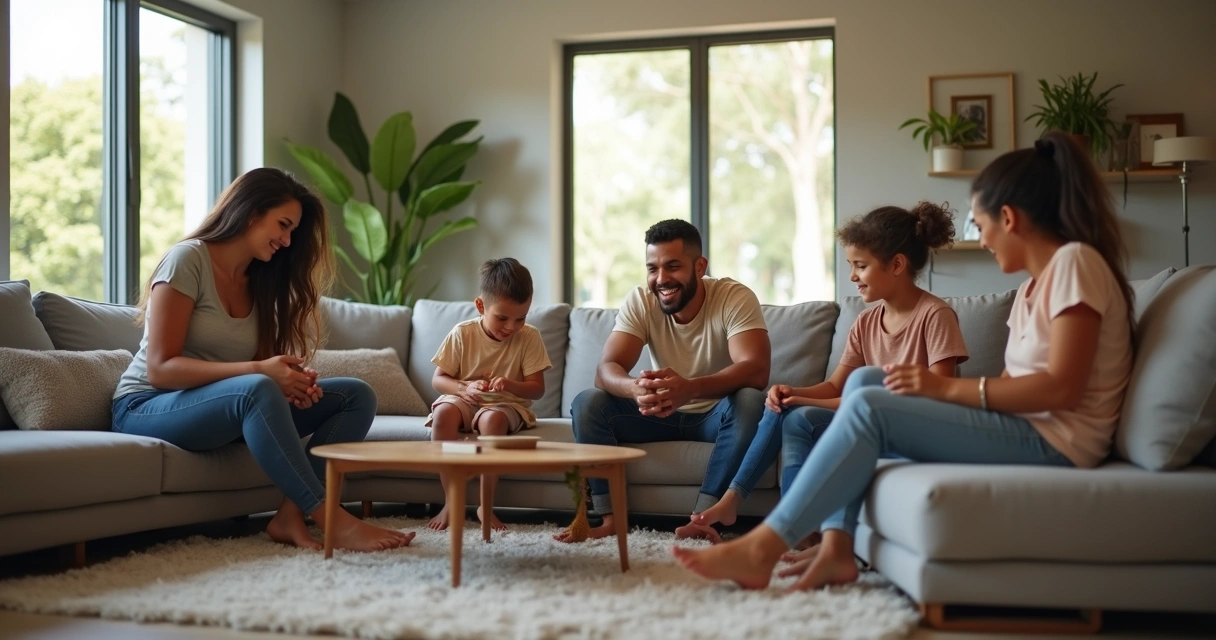 Família brasileira reunida na sala de uma casa de temporada em Orlando