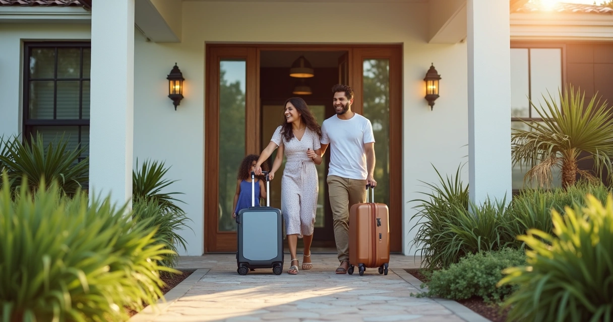 Família feliz com malas entrando em casa alugada em Orlando 