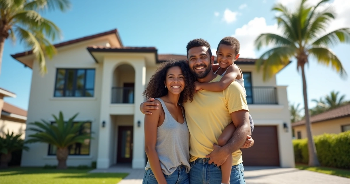 Família brasileira feliz em frente a casa moderna em Orlando 
