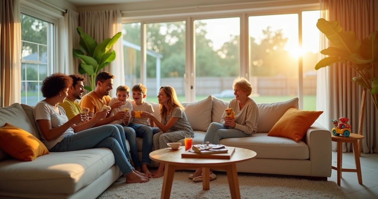 Família brasileira relaxando na sala de uma casa alugada em Orlando 