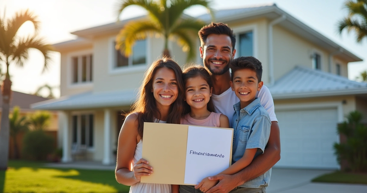 Family poses in front of a house in Orlando with a financing contract 
