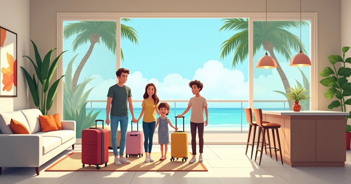 Happy family in a vacation home in Orlando, with luggage ready and a modern, spacious environment. 
