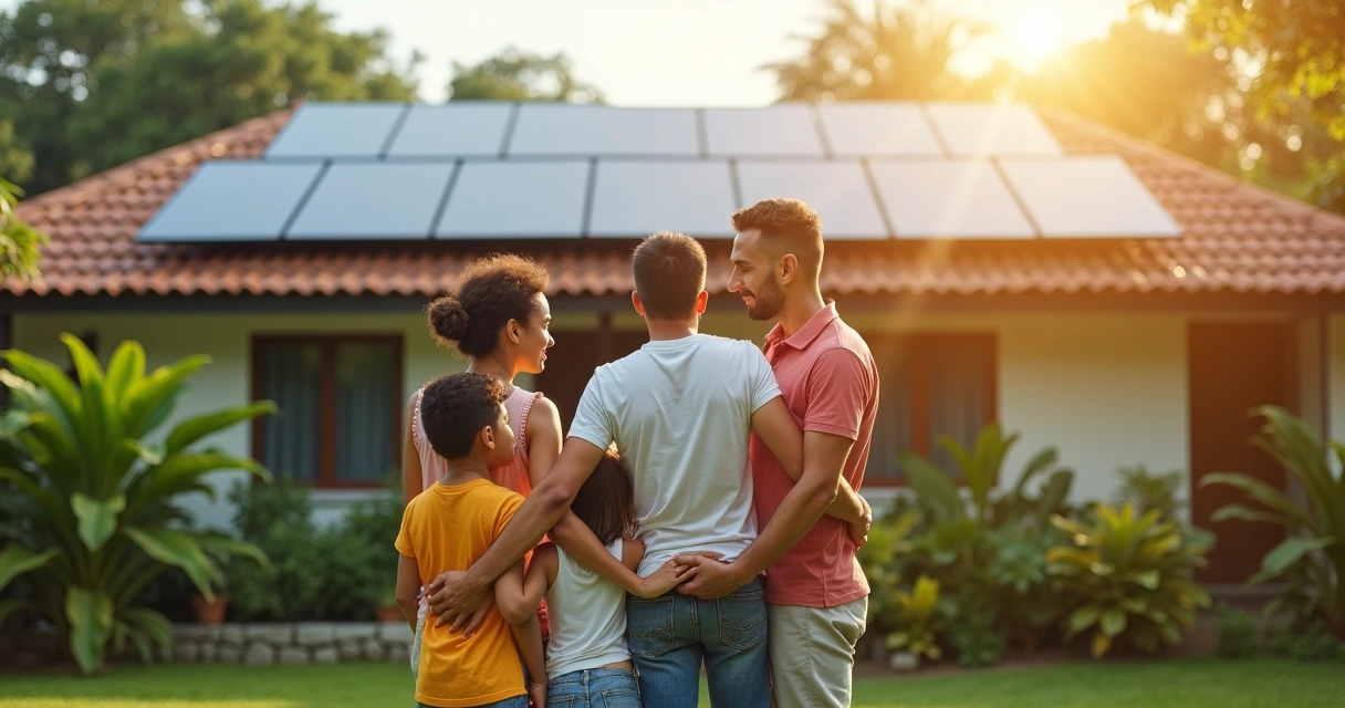 Família observando painéis solares instalados em casa 
