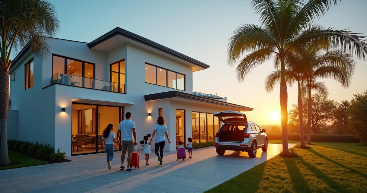 Família brasileira chegando em casa de temporada perto da Disney ao entardecer 