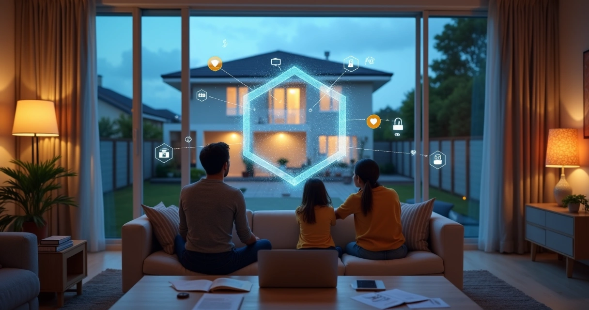Família na sala observando escudo digital protegendo a casa 